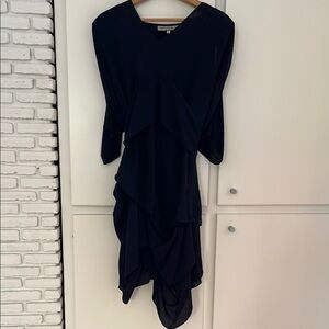 ‘Morgan Le Fay’.  Flowy, layered dress. 100% silk. Navy. Size small.